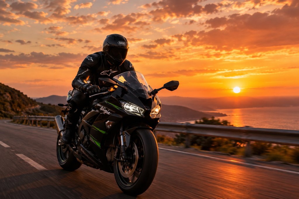 superbike rider at sunset