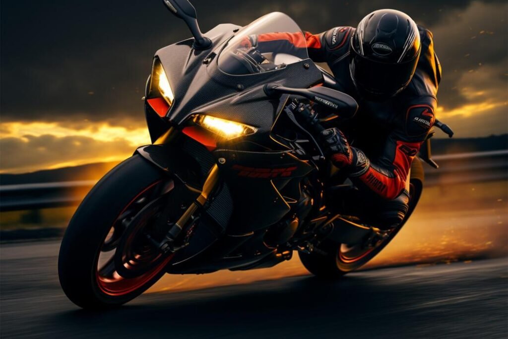 AI Prompts for Bike Riders ai generated highway elegance motorcycle rider on the road at sunset sport photo